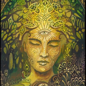 Sophia, The Goddess of Wisdom - 5x7 blank greeting card of the original painting by Emily Balivet.  A portrait of a serene green woman, the symbolic earth goddess, in a surreal woodland with psychedelic and Art Nouveau floral and tree designs, and a third eye, symbolizing inner enlightenment. Ideal for fans of pagan themes, magical realism, mystical witchy artwork, and nature-based spiritual wall art. Perfect for lovers of meditative, bohemian decor for sacred spaces, and divine feminine energy.