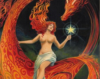 Dragon Goddess Art Print: Mystical Art Nouveau, Divine Feminine Decor (20x24)