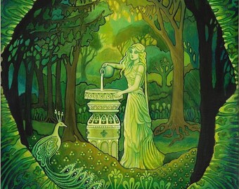 Mystical Goddess Art Print: Mirror Gazing, Bohemian Decor (11x14)