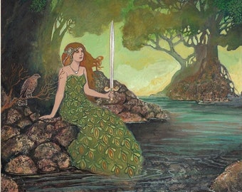 Lady of the Lake Art Print: Arthurian Legend, Mystical Celtic Decor (8x10)