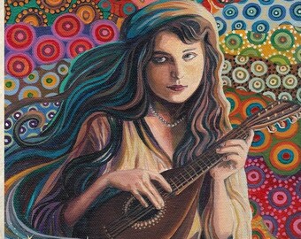 Muse of Music Art Print: Bohemian Goddess with Mandolin (8x10)