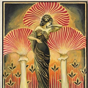 Soma Goddess 11x14 Art Print - Divine Feminine Wall Art, Art Deco Painting, Sacred Mushroom Decor