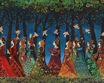 Twelve Women with Birds 5x7 Greeting Card Divine Feminine Goddess Art