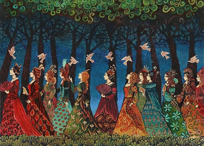 Twelve Women with Birds 5x7 Greeting Card Divine Feminine Goddess Art image 1