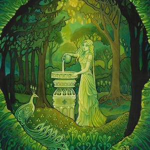 Mirror Gazing ~ 5x7 blank greeting card of the original painting by Emily Balivet.
The mystical, Art Nouveau artwork features a woodland fairy priestess pouring water into a forest well under dappled light with a peacock nearby, evoking serenity, magic and mystery. Rich in greens and psychedelic patterns, it’s ideal for fans of fantasy art, romantic mythology, nature symbolism, and goddess themes. Perfect for lovers of spiritual, bohemian wall decor, magical realism, and enchanted landscapes.