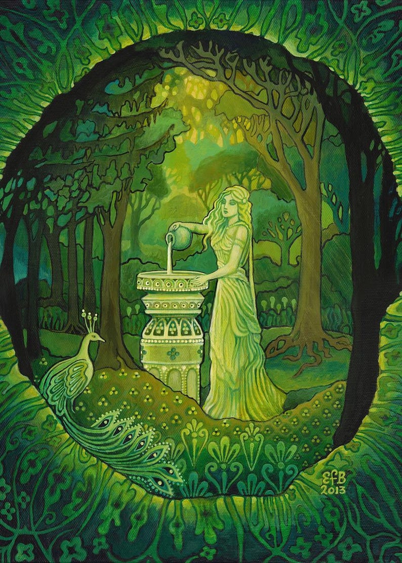 Mirror Gazing ~ 5x7 blank greeting card of the original painting by Emily Balivet.
The mystical, Art Nouveau artwork features a woodland fairy priestess pouring water into a forest well under dappled light with a peacock nearby, evoking serenity, magic and mystery. Rich in greens and psychedelic patterns, it’s ideal for fans of fantasy art, romantic mythology, nature symbolism, and goddess themes. Perfect for lovers of spiritual, bohemian wall decor, magical realism, and enchanted landscapes.