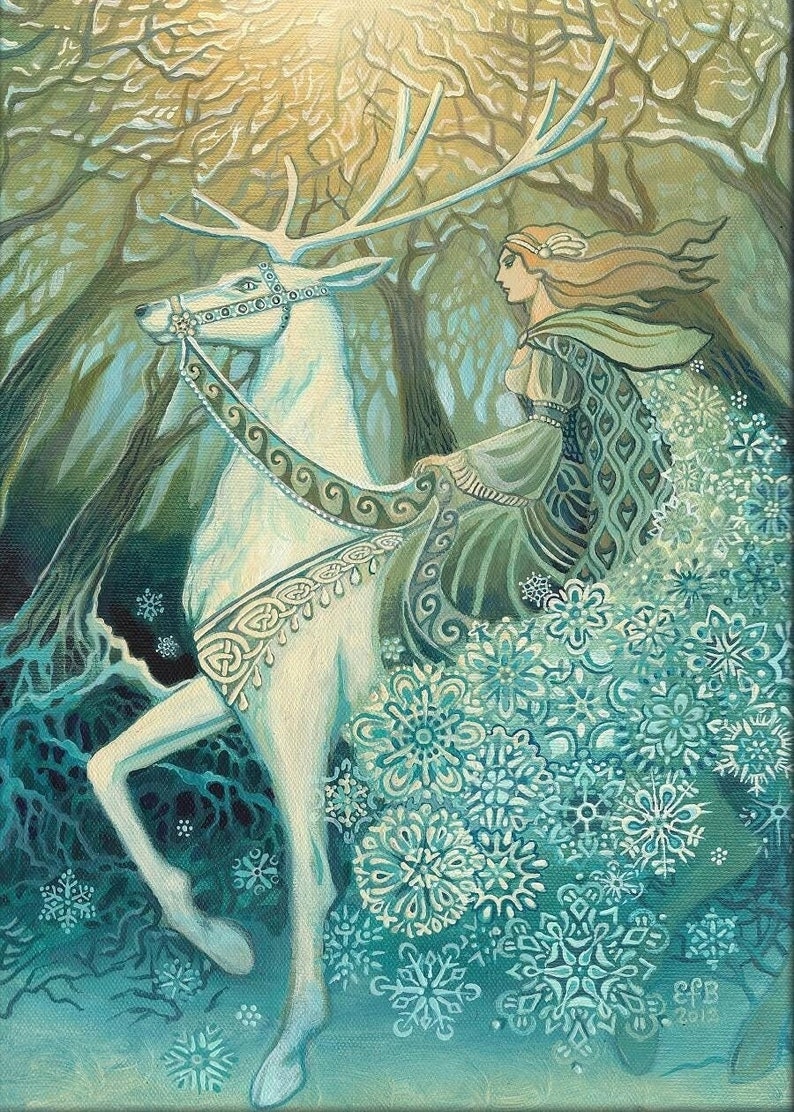 The Snow Queen ~ 5x7 blank greeting card of the original painting by Emily Balivet. The artwork depicts the mythic fairytale goddess riding a mystical white stag through an enchanted, winter woodland forest. Surrounded by intricate snowflakes and icy tones. The ethereal scene captures magic, fantasy, and Norse mythology. Perfect for fairy tale, fantasy, and winter solstice decor enthusiasts. Ideal for lovers of Art Nouveau women, Yule wall art, and fans of magical realism and bohemian decor.