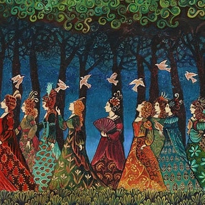 Twelve Women With Birds ACEO Mini Print Altar Fairy Tale Princesses