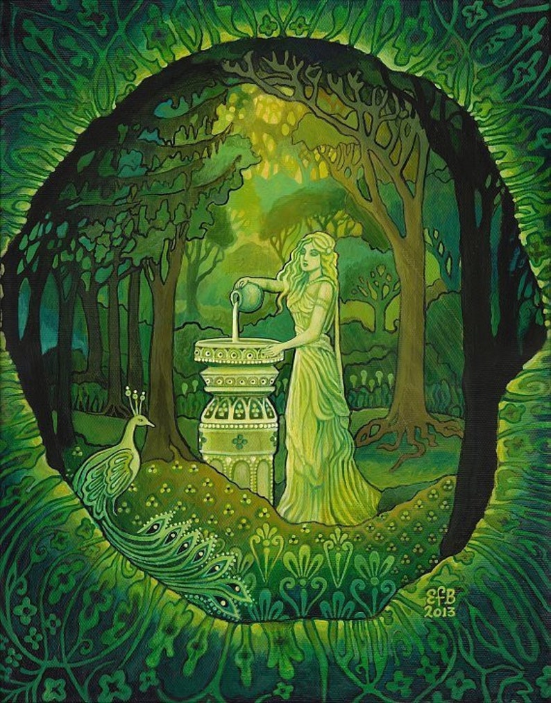 Mirror Gazing Forest Fairy Goddess Art 5x7 Blank Greeting Card image 1