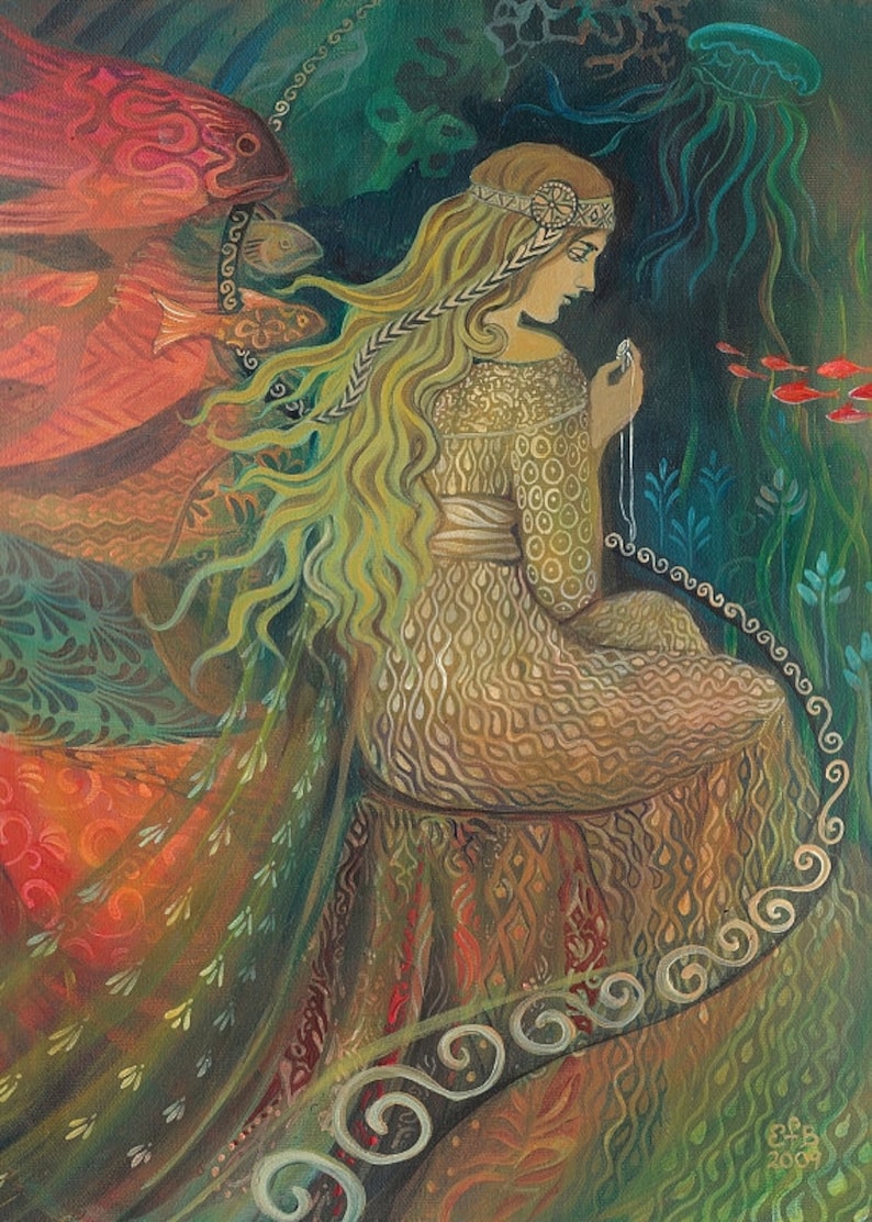 Neptune's Treasure 5x7 Blank Greeting Card Mermaid Goddess Art image 1