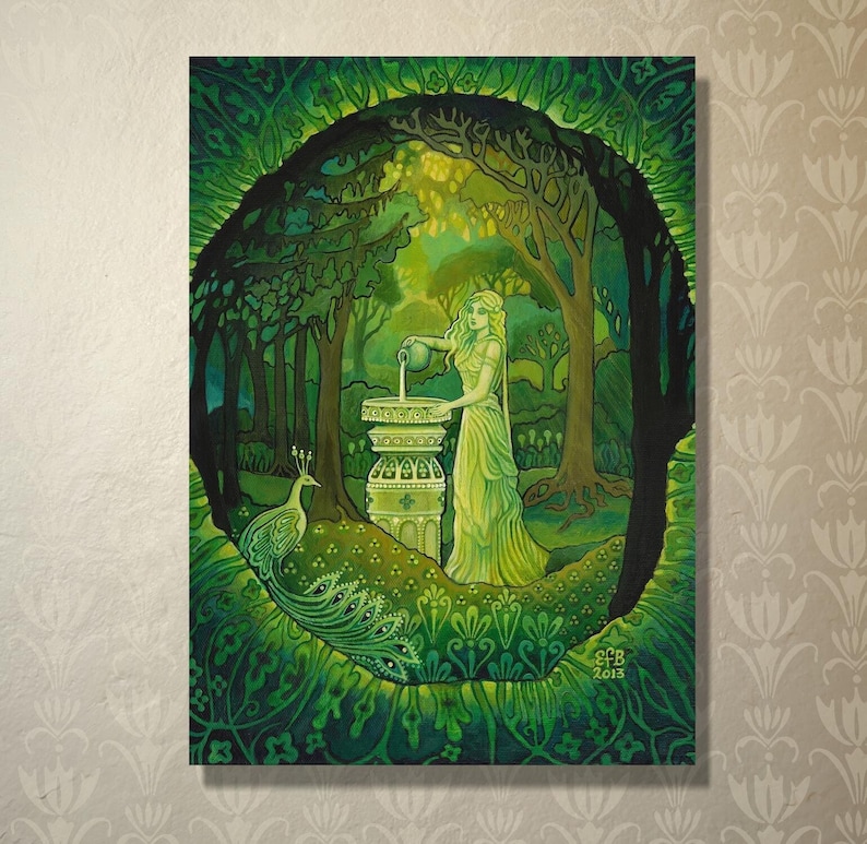 Mirror Gazing ~ 5x7 blank greeting card of the original painting by Emily Balivet.
The mystical, Art Nouveau artwork features a woodland fairy priestess pouring water into a forest well under dappled light with a peacock nearby, evoking serenity, magic and mystery. Rich in greens and psychedelic patterns, it’s ideal for fans of fantasy art, romantic mythology, nature symbolism, and goddess themes. Perfect for lovers of spiritual, bohemian wall decor, magical realism, and enchanted landscapes.