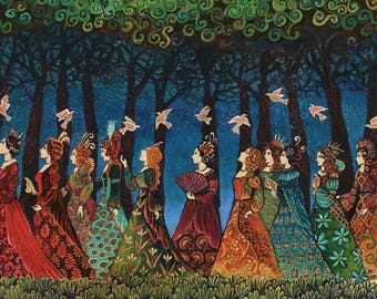 Twelve Women with Birds 5x7 Greeting Card Divine Feminine Goddess Art