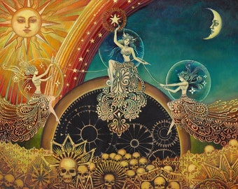 Three Fates Moirai Goddess Art 5x7 Greeting Card Pagan Mythology Psychedelic Bohemian Gypsy Goddess Art Print