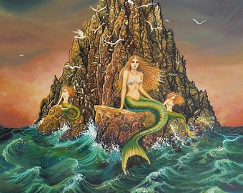 Mermaids 20x24 Giclée Fine Art Print on Canvas Fantasy Mythology Art Nouveau Ocean Goddess Art