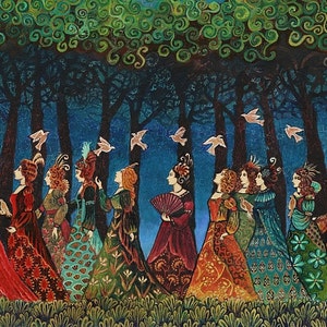 Twelve Women with Birds Fairytale Sisters Goddess Art 16x20 Poster Print