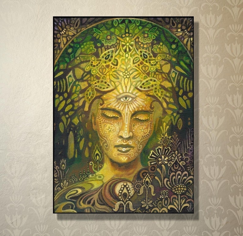 Sophia, The Goddess of Wisdom - 5x7 blank greeting card of the original painting by Emily Balivet.  A portrait of a serene green woman, the symbolic earth goddess, in a surreal woodland with psychedelic and Art Nouveau floral and tree designs, and a third eye, symbolizing inner enlightenment. Ideal for fans of pagan themes, magical realism, mystical witchy artwork, and nature-based spiritual wall art. Perfect for lovers of meditative, bohemian decor for sacred spaces, and divine feminine energy.