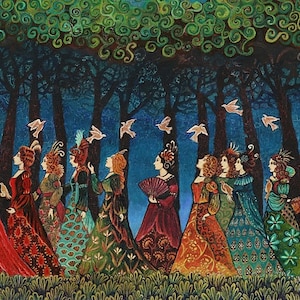 Twelve Women with Birds Fairytale Princess Goddess Art 11x14 Poster Print