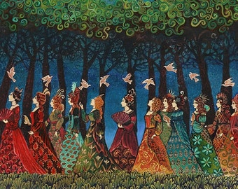 Twelve Women with Birds Fairytale Princess Goddess Art 11x14 Poster Print