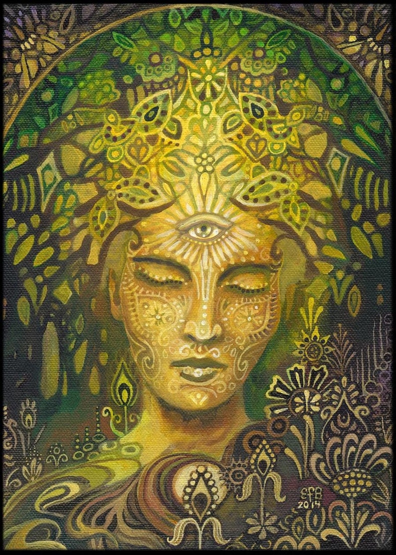 Sophia, The Goddess of Wisdom - 5x7 blank greeting card of the original painting by Emily Balivet.  A portrait of a serene green woman, the symbolic earth goddess, in a surreal woodland with psychedelic and Art Nouveau floral and tree designs, and a third eye, symbolizing inner enlightenment. Ideal for fans of pagan themes, magical realism, mystical witchy artwork, and nature-based spiritual wall art. Perfect for lovers of meditative, bohemian decor for sacred spaces, and divine feminine energy.