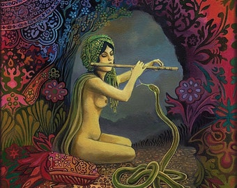Snake Charmer Art 5x7 Card Pagan Mythology Psychedelic Bohemian Gypsy Goddess Art