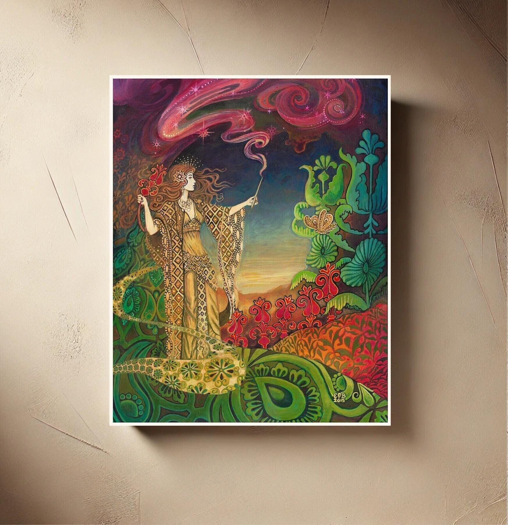 Queen of Wands Tarot Art Print: Mystical Goddess Bohemian Decor