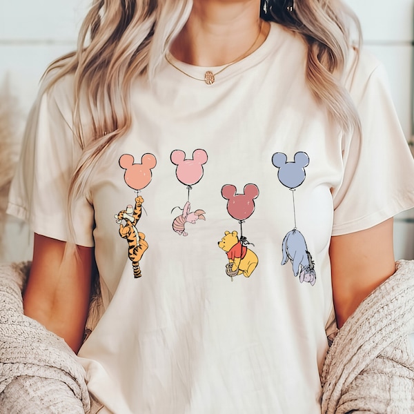 Winnie The Pooh and Friends Balloons Shirt, Bella + Canvas® Cute Disney Pooh Bear T-shirt Softstyle, Unisex Crewneck Adult, Child, Youth
