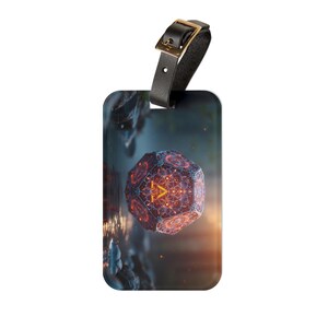 May include: A luggage tag with a black leather strap and gold-colored buckle. The tag features a detailed, glowing geometric design in shades of orange and red against a dark, blurred background. The tag is rectangular with rounded corners.