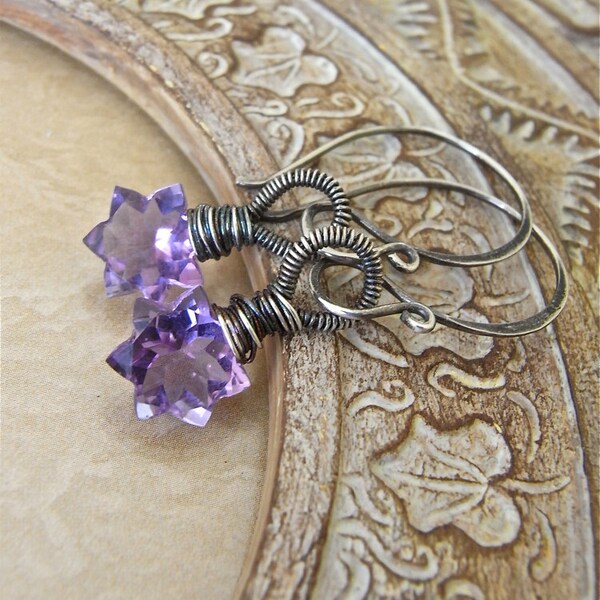 Earrings - sterling silver, oxidised, amethyst, star, briolette  - Zeta