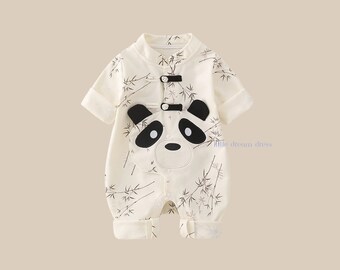 Traditional Chinese Hanfu, Baby Boy Girl Infant Panda Print, Cheongsam Onesie Romper, Newborn Outfit Gender Neutral Birthday Costume | Furry