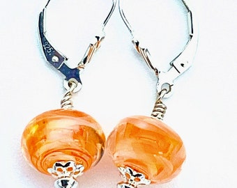 Handmade Lampwork Wispy "Dreamsicle" Bead Earrings with Sterling Silver Accents, Findings and Leverback Ear Wires