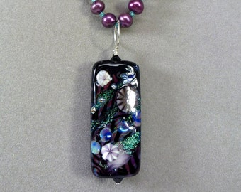 Looking for Love Lampwork Dichroic Bead Necklace (1S19) with Swarovski Crystal Accents on Maroon Freshwater Pearls