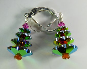 Christmas Tree Earrings Made From HighQuality Crystals on Sterling Silver Leverback Ear Wires--Vitrail Finish Version