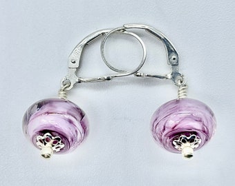 Handmade Lampwork Wispy Pinky Purple Bead Earrings with Sterling Silver Accents, Findings and Leverback Ear Wires