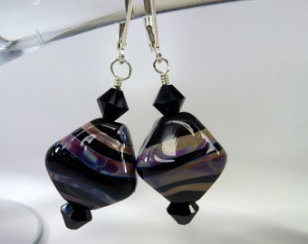 Black Striped Crystal Shaped Lampwork Bead (E112) Earrings with High Quality Crystals on Sterling Silver Leverback Ear Wires