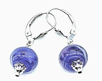 Handmade Lampwork Wispy Rich Purple Bead Earrings with Sterling Silver Accents, Findings and Leverback Ear Wires