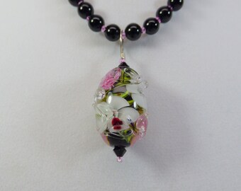 Floral Focal Necklace (1S38) with Onyx and Sterling Silver Findings