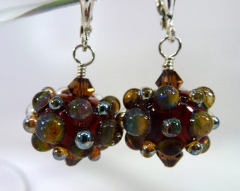 Dark Topaz Bumpie Lampwork Bead (E70) Earrings with High Quality Accents and Sterling Leverback Ear Wires