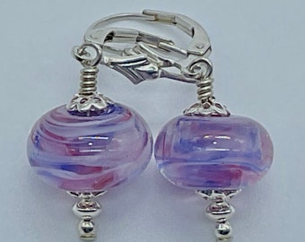 Handmade Lampwork Wispy Pink and Purple Bead Earrings with Sterling Silver Accents, Findings and Leverback Ear Wires