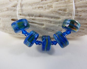 Blue Disc Lampwork Artisan Bead (ZZ96) ZigZag Necklace with Swarovski Crystal Accents and Sterling Silver Findings