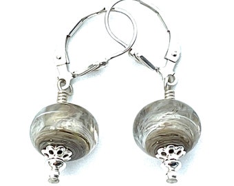 Handmade Lampwork Wispy Soft Grey "Sandstone Bead Earrings with Sterling Silver Accents, Findings and Leverback Ear Wires