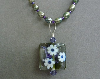 Butterflies and Daisies Nugget Lampwork Bead (1S14) on Freshwater Pearls Necklace