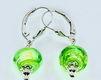 Handmade Lampwork Wispy Green Bead Earrings with Sterling Silver Accents, Findings and Leverback Ear Wires