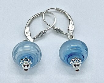 Handmade Lampwork Wispy Light Blue Bead Earrings with Sterling Silver Accents, Findings and Leverback Ear Wires