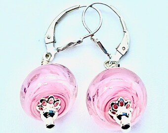 Handmade Lampwork Wispy Pink Peony Bead Earrings with Sterling Silver Accents, Findings and Leverback Ear Wires