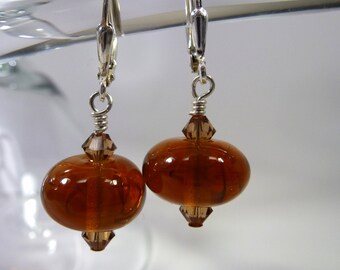 Deep Honey Color Lampwork Beads (E127) with High Quality Crystals and Sterling Silver Leverback Ear Wires