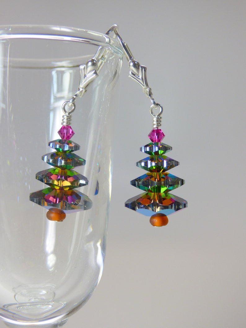Christmas Tree Earrings Made From HighQuality Crystals on Sterling Silver Leverback Ear WiresVitrail Finish Version image 3