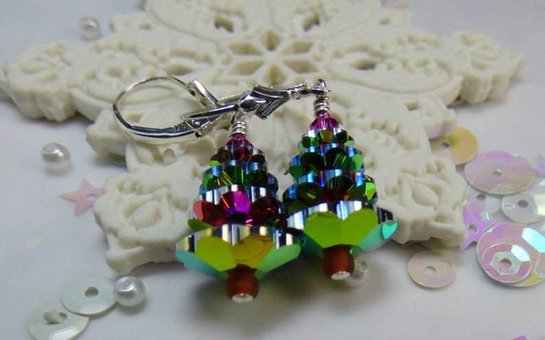 Christmas Tree Earrings Made From HighQuality Crystals on Sterling Silver Leverback Ear WiresVitrail Finish Version image 6
