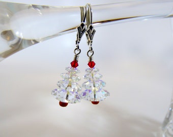 Christmas Tree Earrings Made From High Quality Crystals on Sterling Silver Leverback Ear Wires--Crystal AB Finish Version