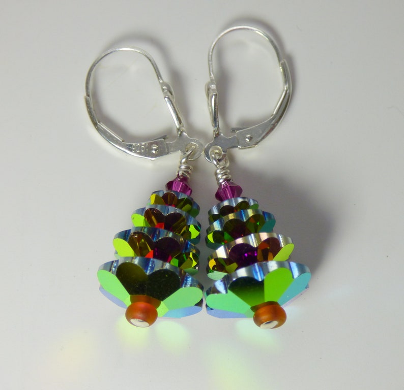 Christmas Tree Earrings Made From HighQuality Crystals on Sterling Silver Leverback Ear WiresVitrail Finish Version image 2