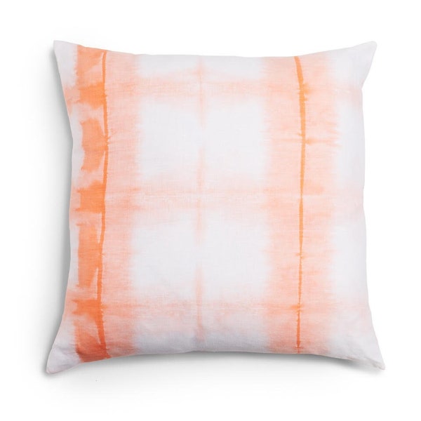 22" x 22" Shibori Hand Dyed  Pillow Cover Linen Melon Orange Peach White Decorative Interior Design Twin Beds Matching